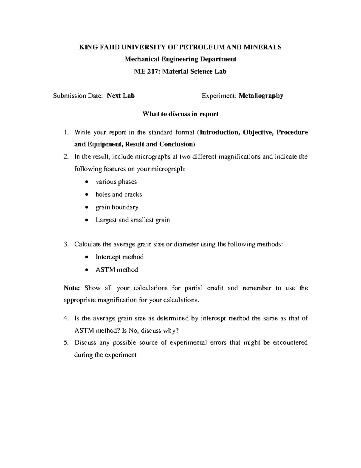 Questions for Lab report KING FAHD UNIVERSITY OF PETROLEUM AND