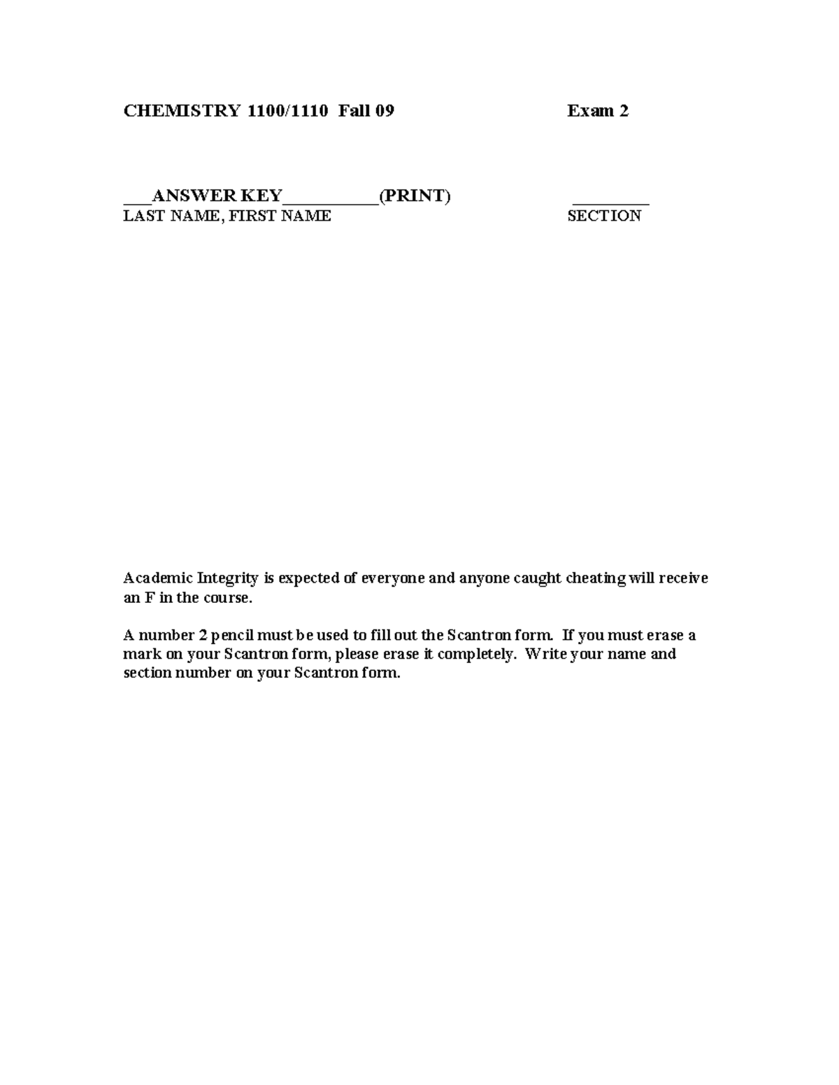 CHEM 1100 and 1110 Exam 2 October 28 2009 Answer KEY - CHEMISTRY 1100/ ...