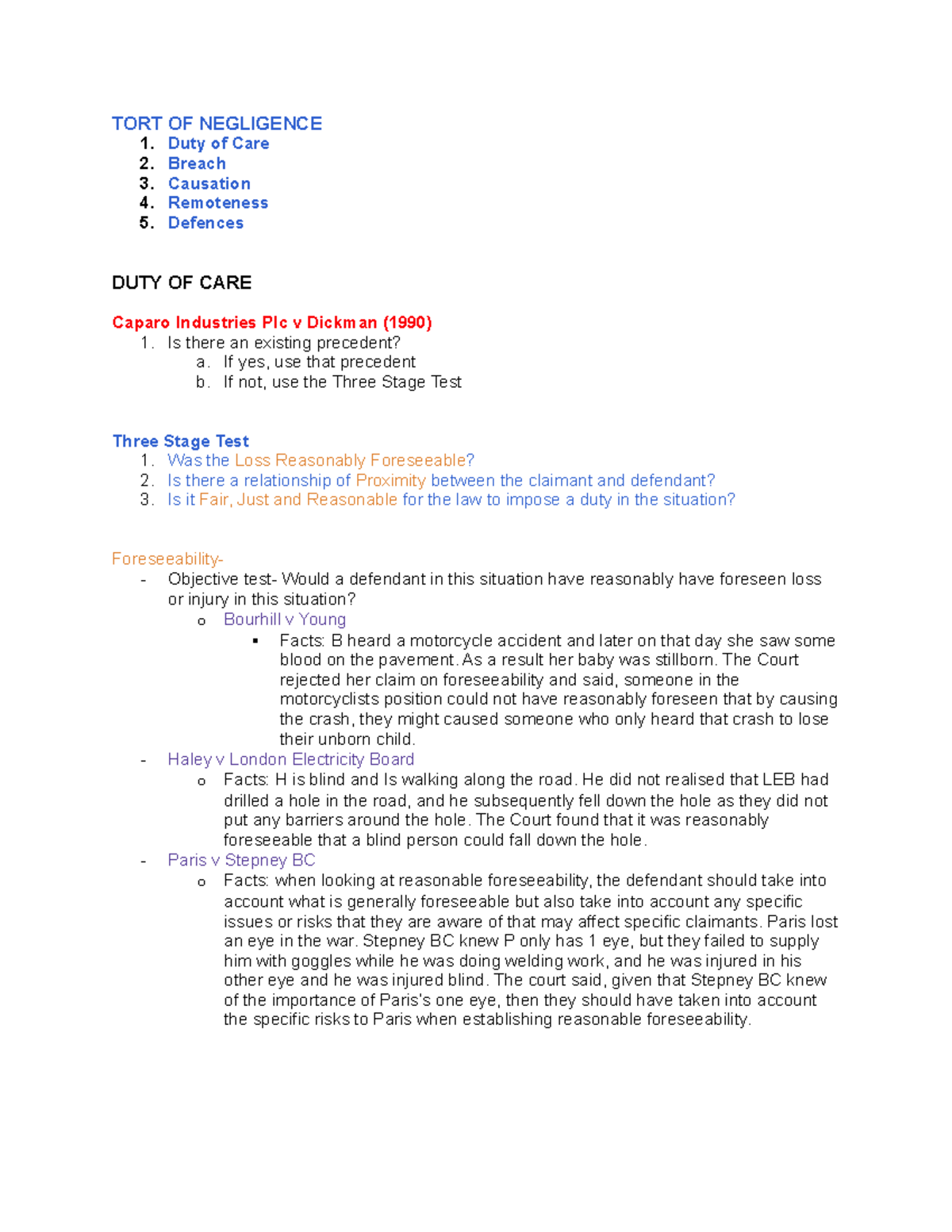 Full Tort Law Notes - TORT OF NEGLIGENCE 1. Duty Of Care 2. Breach 3 ...