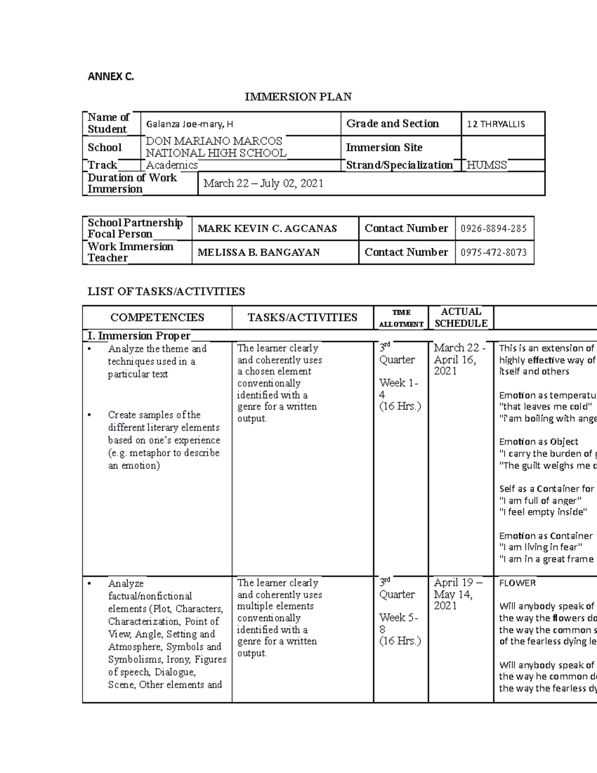 CN-Annex- Creativew done - ANNEX C. IMMERSION PLAN Name of Student ...