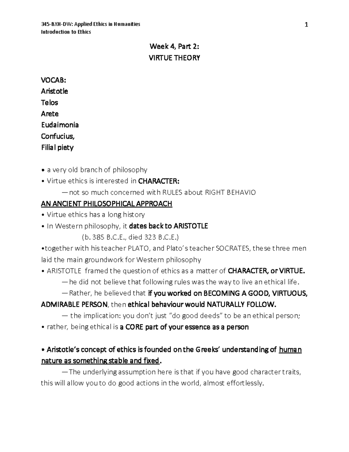 2020 Notes Virtue Ethics - Introduction to Ethics 1 Week 4 , Part 2 ...