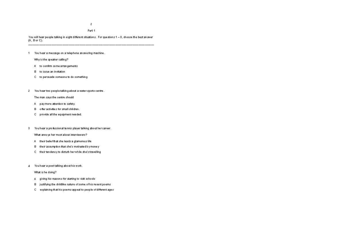 First 2015 Listening sample paper - 5 You heThe wo A irr B sa C un 6 ...