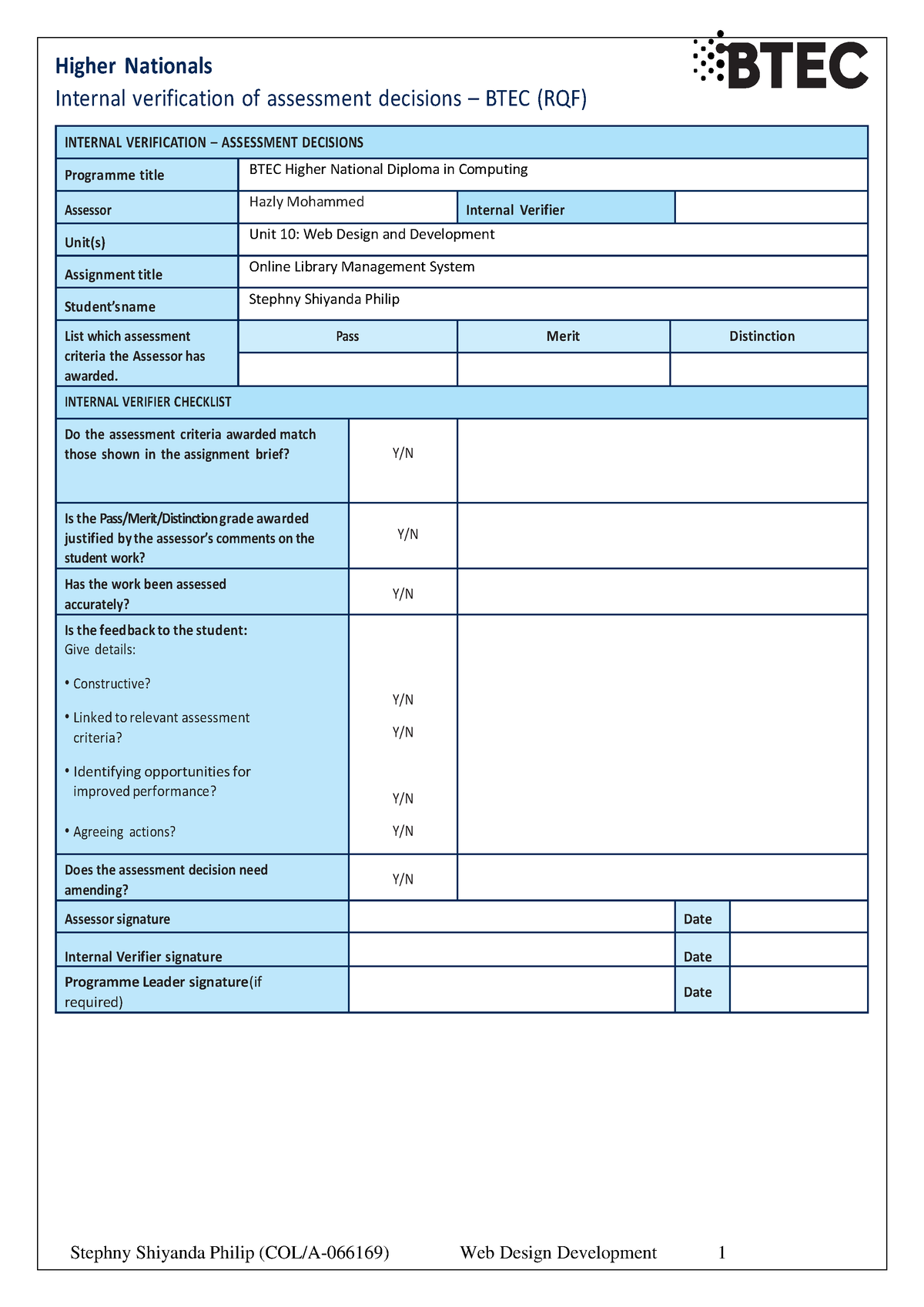 WDD step - WDD ASSIGNMENT - Higher Nationals Internal verification of ...