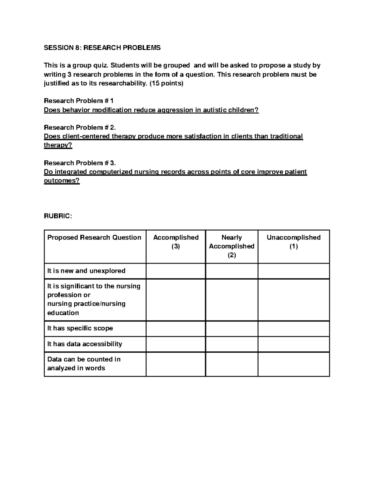 nursing research study questions