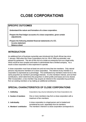 Close Corporations Introduction CLOSE CORPORATIONS SPECIFIC