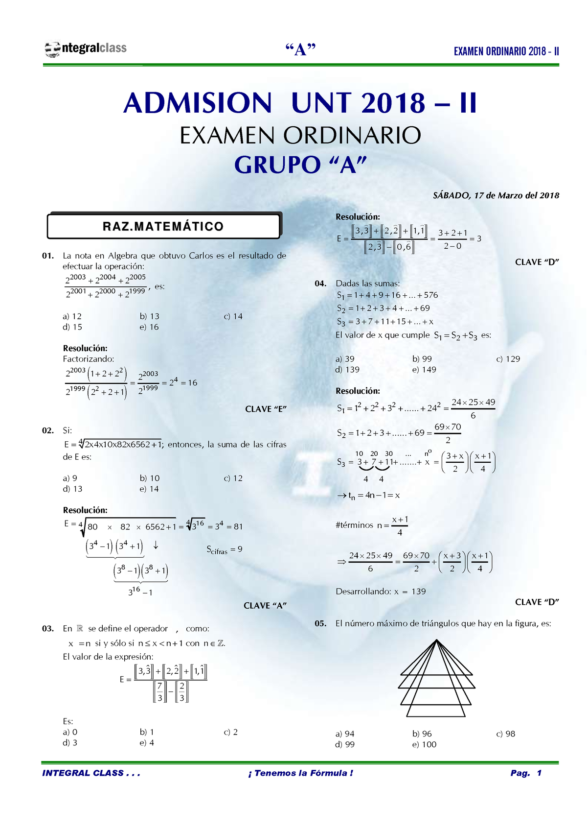 Admision Unt 2018 Ii A Examen Ordinario 2018 Ii Integral Class - “A ...