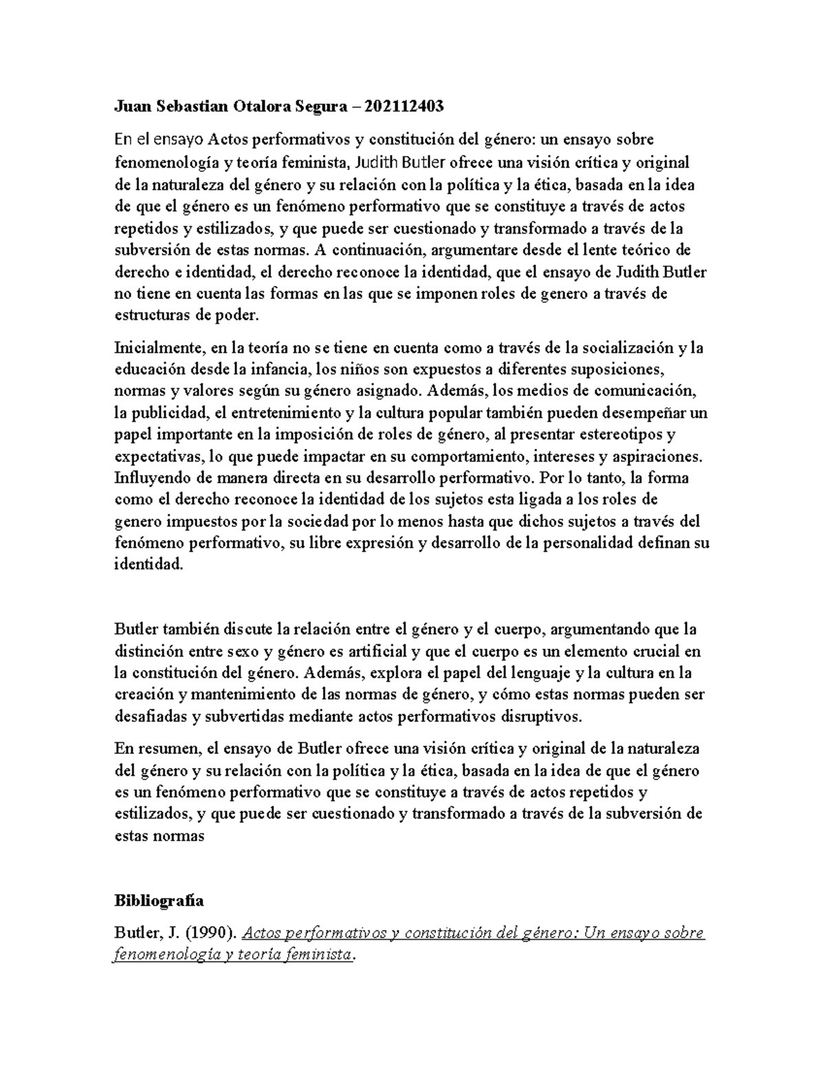 Reaccion Judi Butler - Juan Sebastian Otalora Segura – 202112403 En el ...