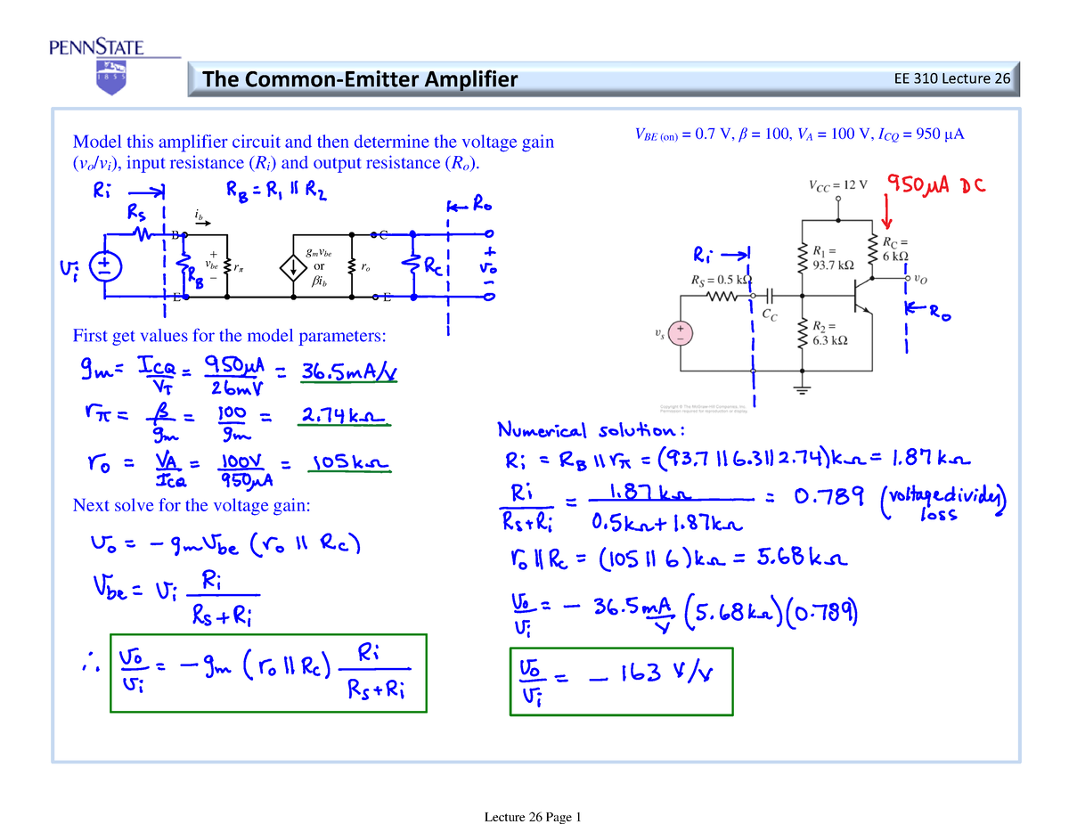 Lecture 26 - The Common-Emitter Amplifier Model This Amplifier Circuit ...