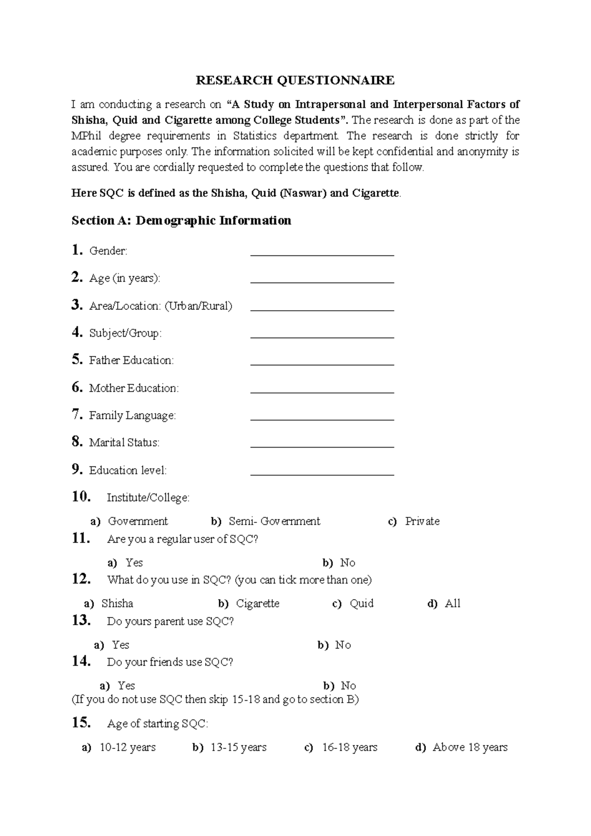Final Research Questionnaire - Statistics - UOG - Studocu