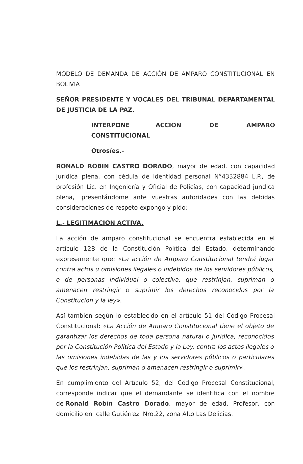 Modelo DE Accion DE Amparo Constitucional - MODELO DE DEMANDA DE ACCIÓN DE  AMPARO CONSTITUCIONAL EN - Studocu