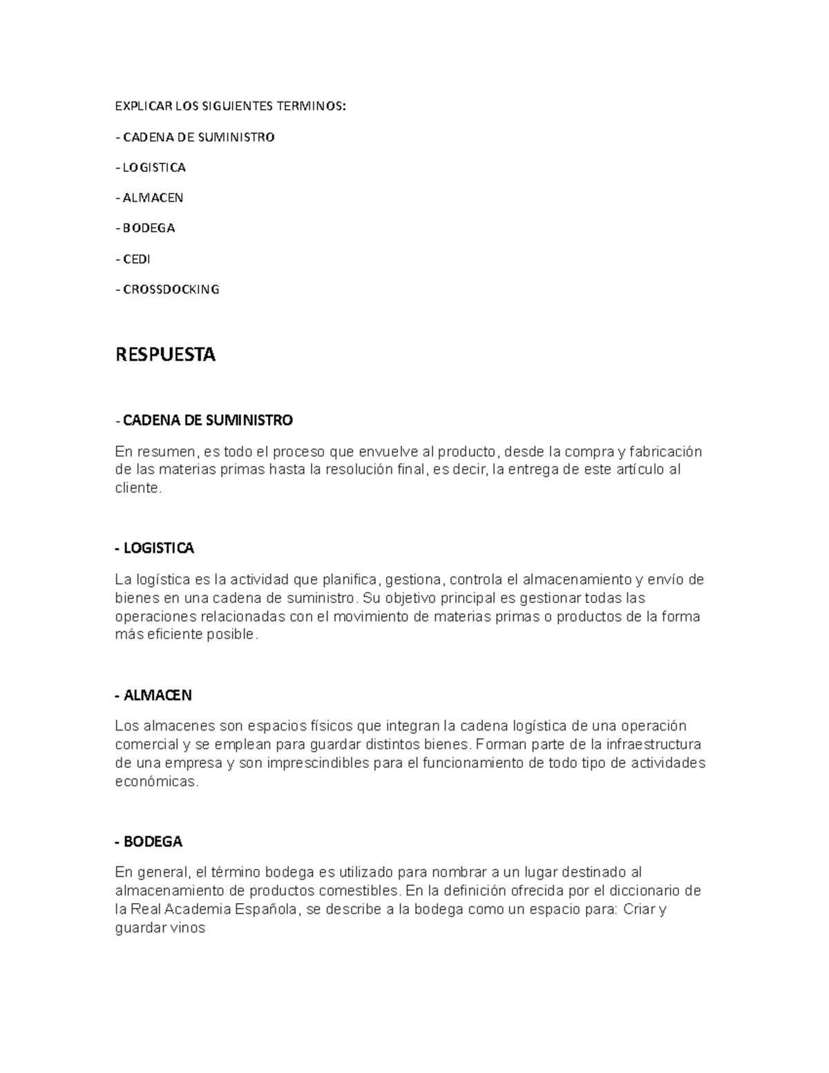 Terminos Logisticos - EXPLICAR LOS SIGUIENTES TERMINOS: - CADENA DE ...