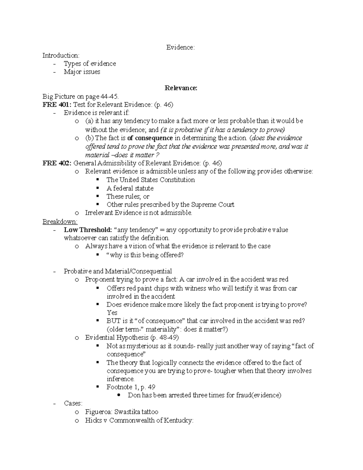 Evidence Outline - Evidence: Introduction: - Types of evidence - Major ...