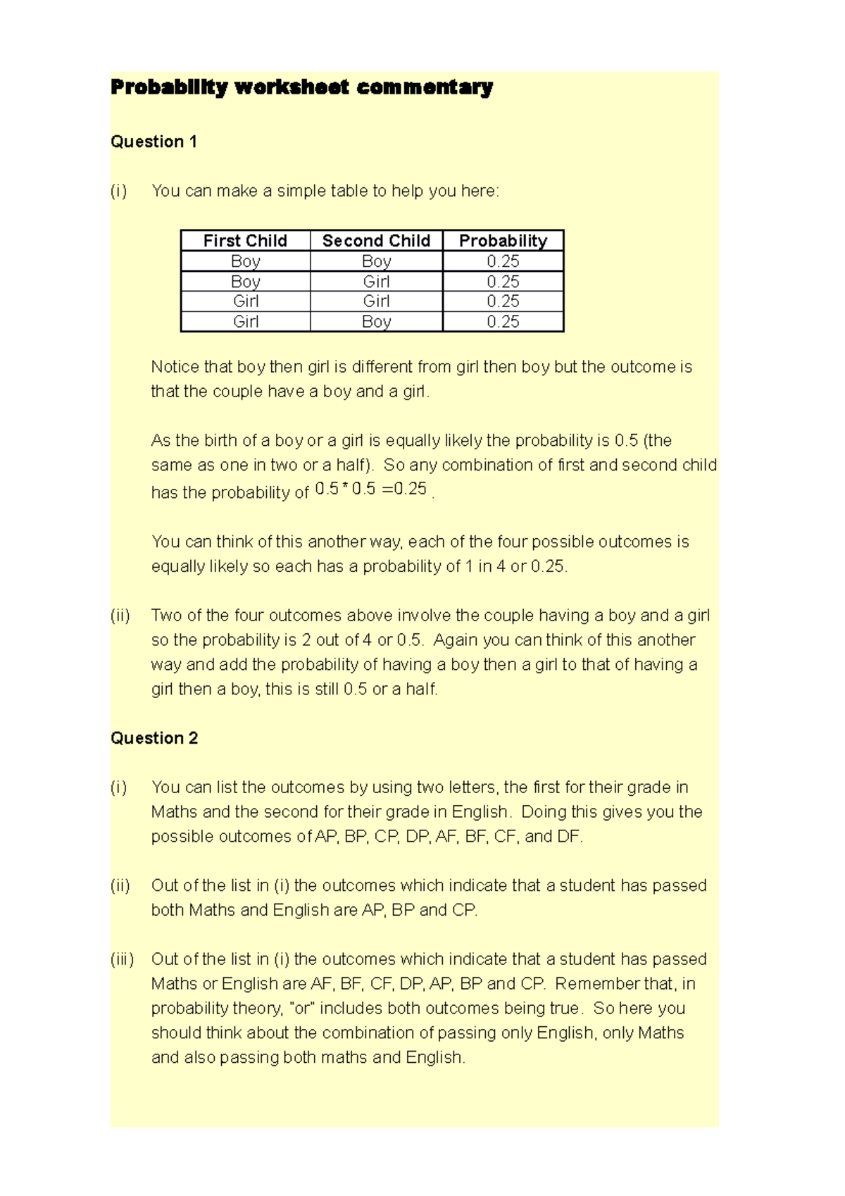 Probability worksheet commentary(3) - Probability worksheet commentary ...