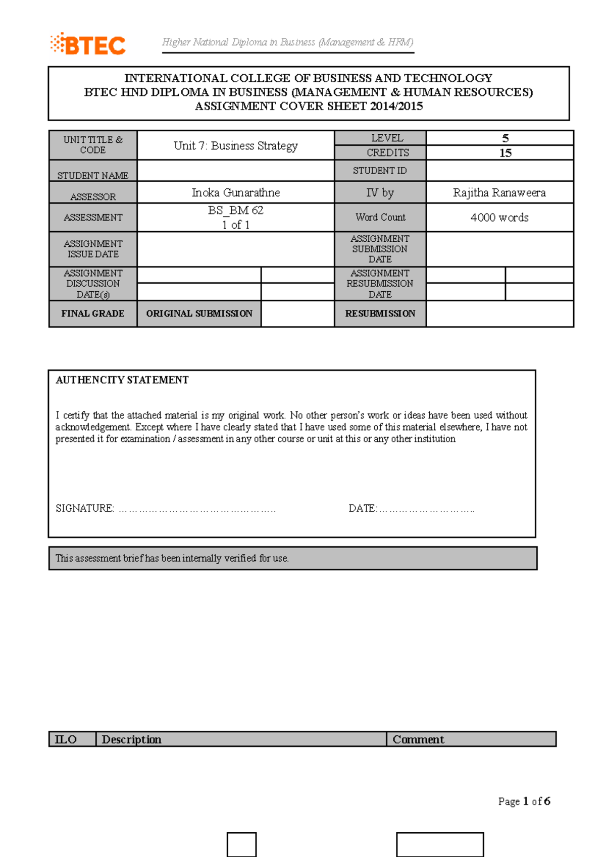 BS Assignment Breif - Tutorial work prepared for questions - Higher ...