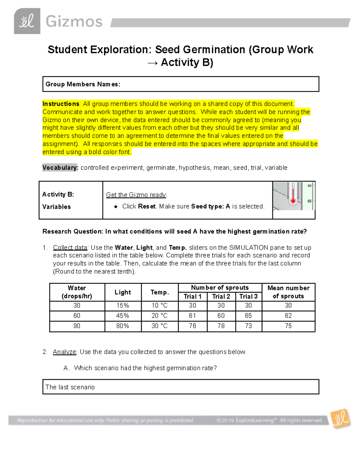 Seed Germination Gizmo (Group Lab Activity B) Student Exploration
