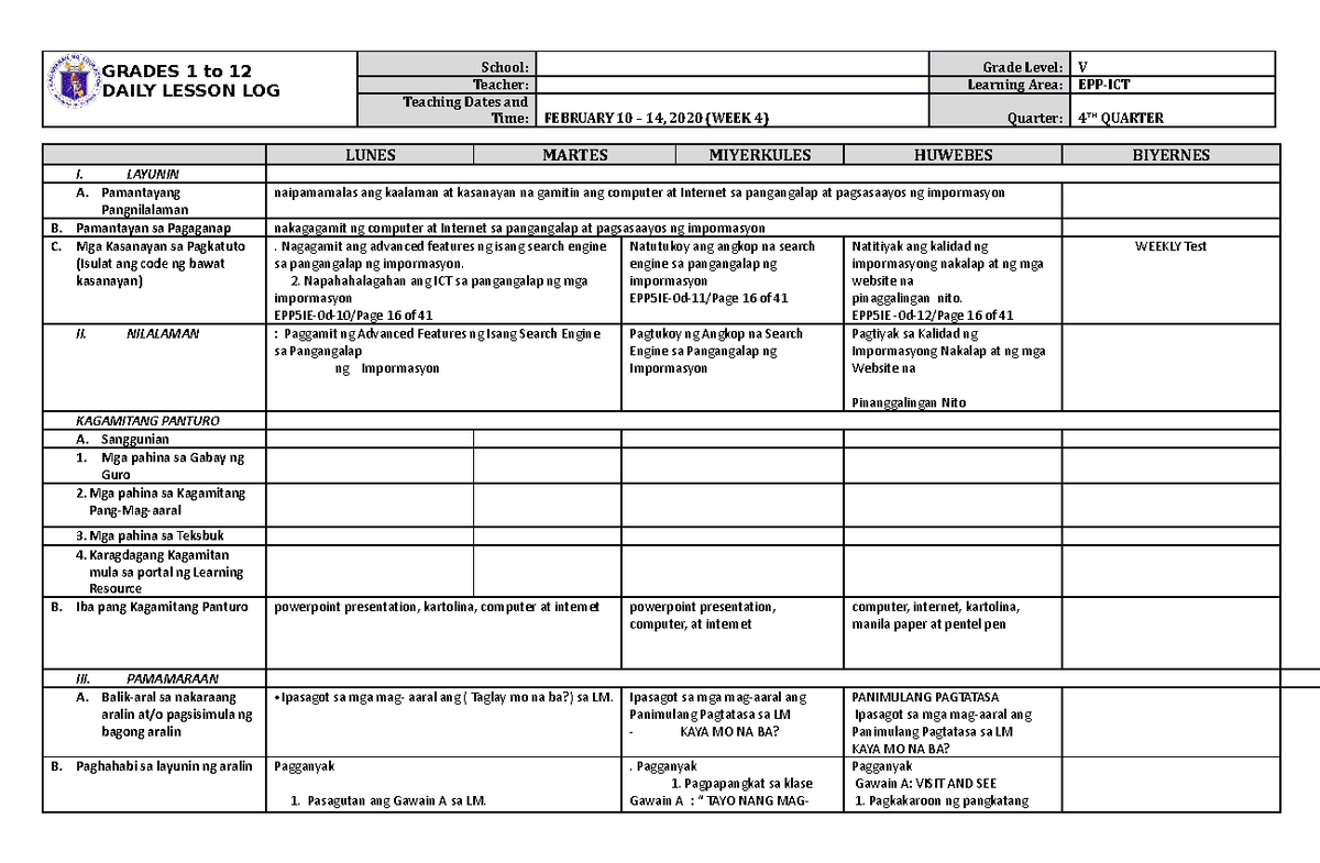 Grade 5 DLL EPP 5 Q4 Week 4 - GRADES 1 to 12 DAILY LESSON LOG School ...