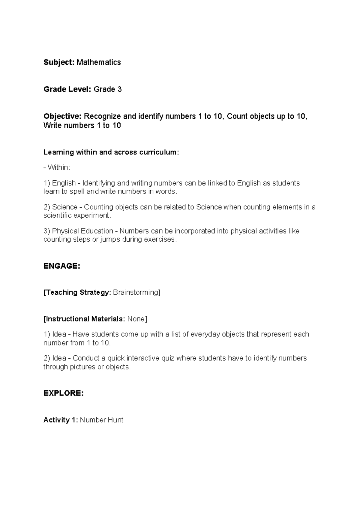 Lesson plan - Subject: Mathematics Grade Level: Grade 3 Objective ...
