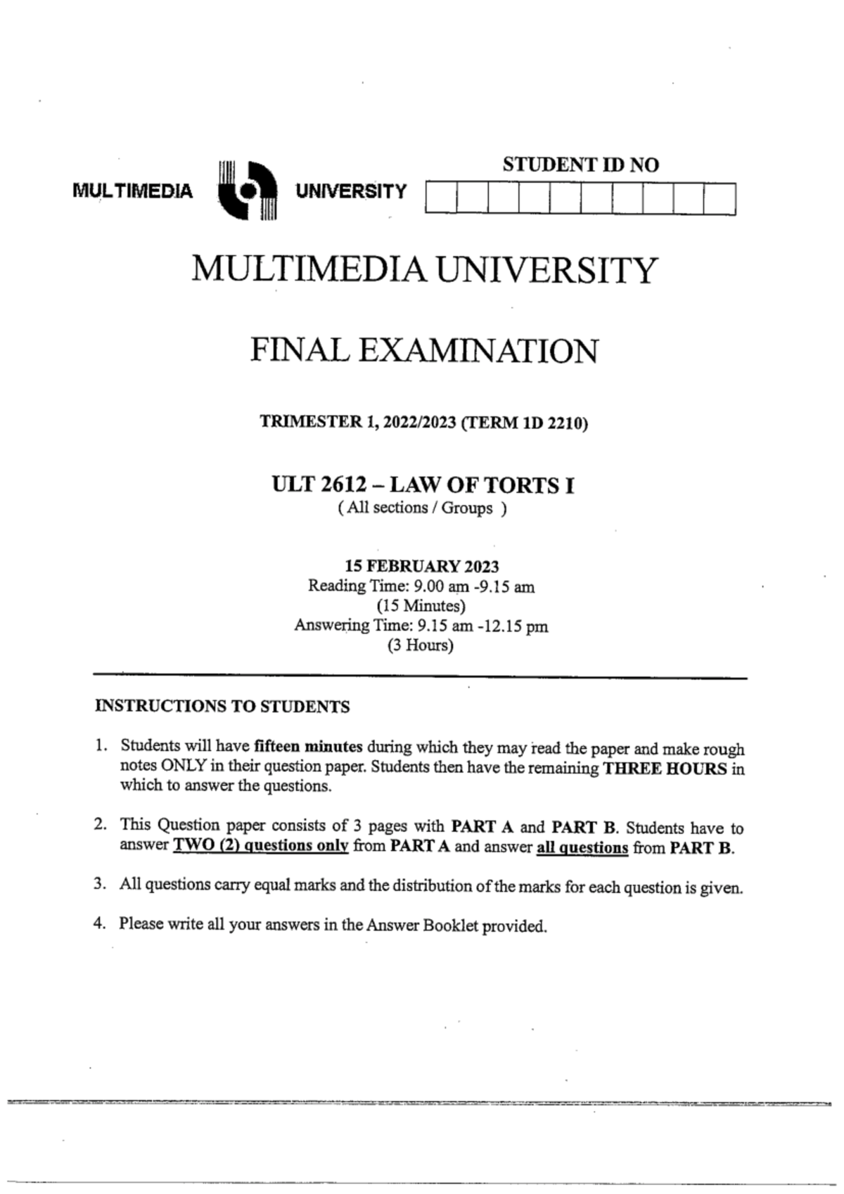 Tort law past year paper - Tort Law - Studocu