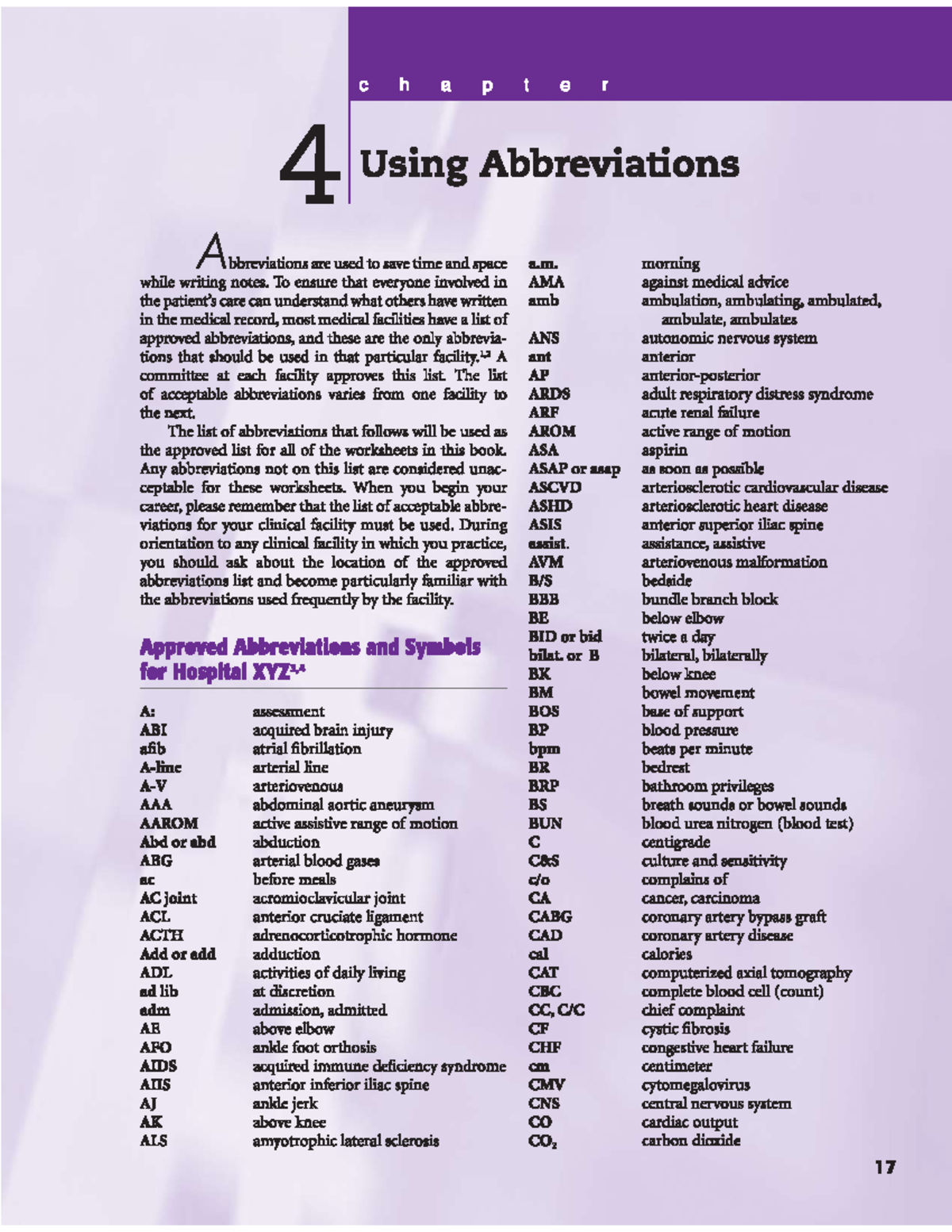 Medical Abbreviations Kettenbach Bachelor of Science in Physical