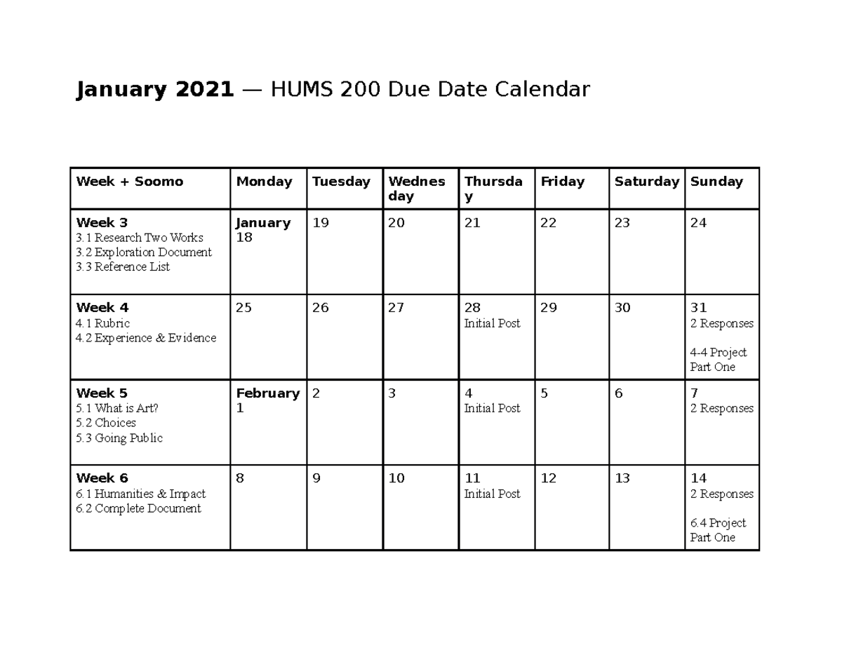 HUMS Assignment Due Date Calendar HUM200 SNHU Studocu