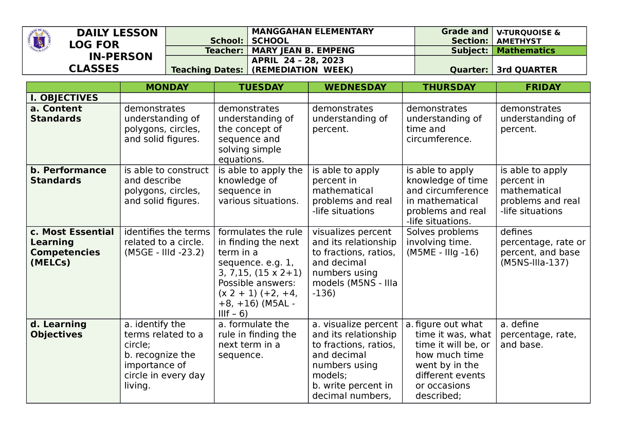 G5 Q3 Remediation DLL MATH (MELCs) - DAILY LESSON LOG FOR IN-PERSON ...