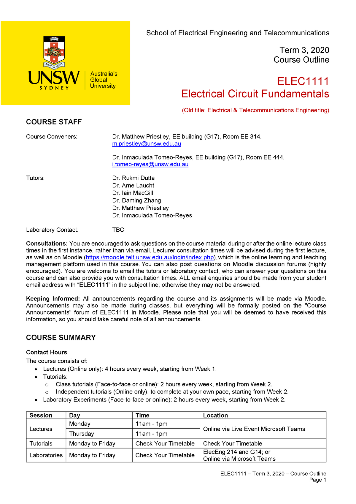 ELEC1111-T3-2020 Course Outline 7sep20 - ELEC1111 - UNSW Sydney - Studocu