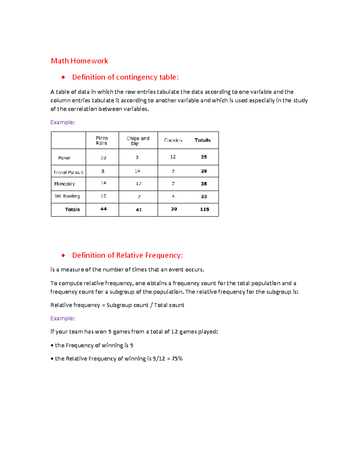 Math Homework math hw Math Homework • Definition of contingency