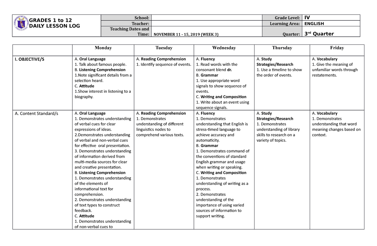 Grade 4 DLL English 4 Q3 Week 3 - GRADES 1 To 12 DAILY LESSON LOG ...