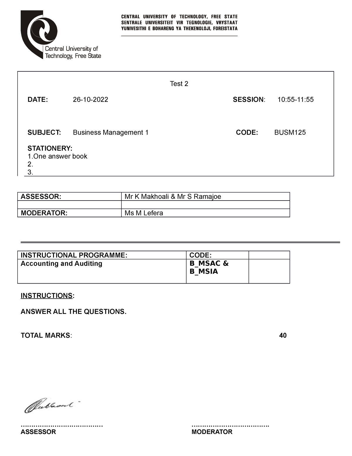 2022 BUSM125 Test 2 and Memo(1) - Test 2 DATE: 26-10-2022 SESSION: 10: ...