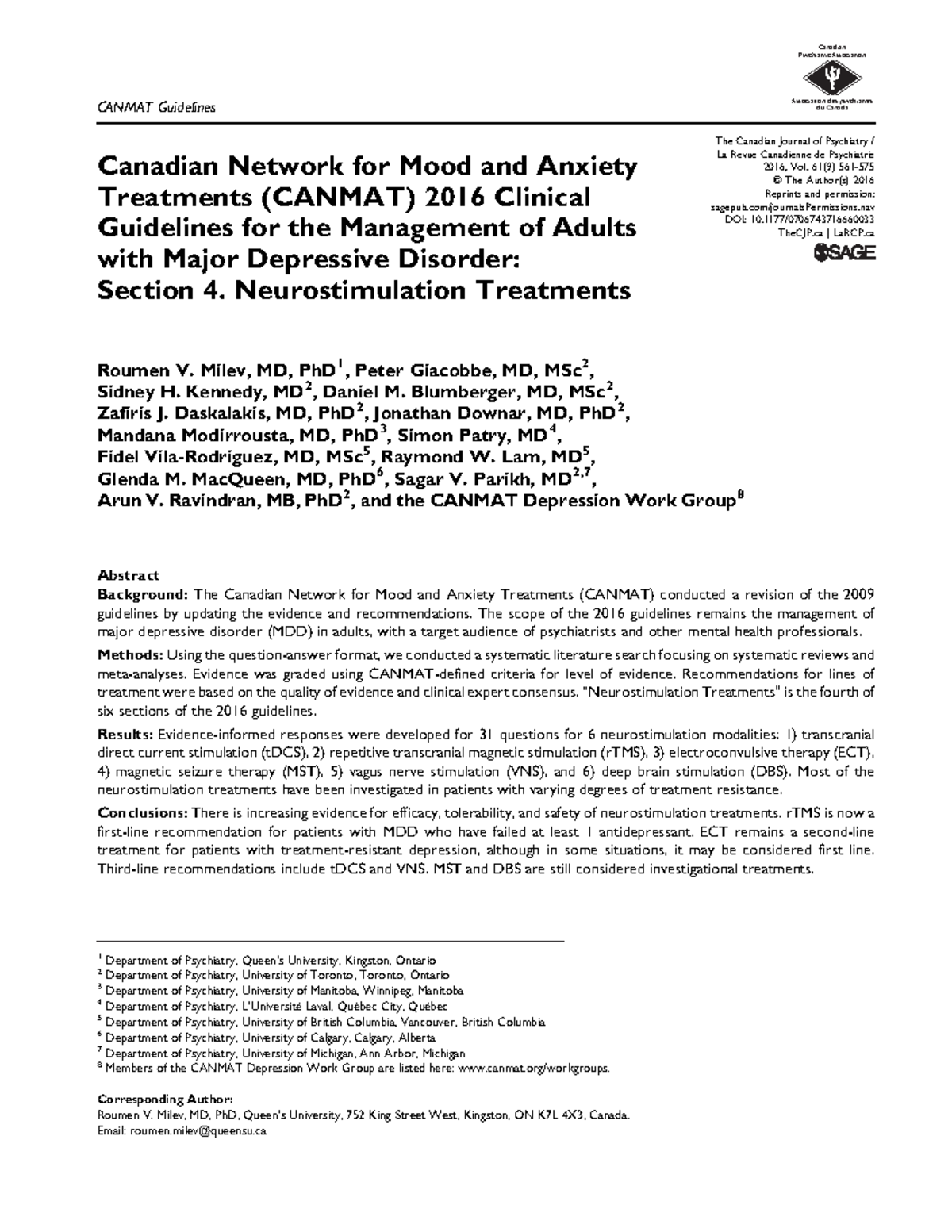 10 - CANMAT - CANMAT Guidelines Canadian Network For Mood And Anxiety ...