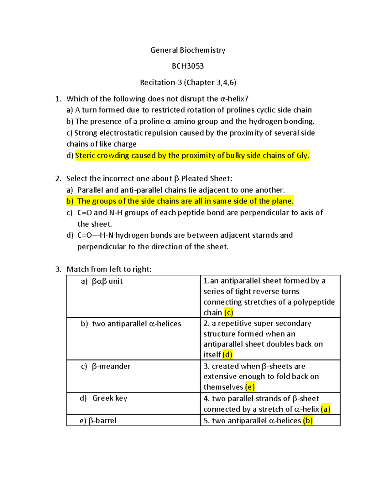 Recitation 3 Key & Solution - General Biochemistry BCH Recitation-3 ...