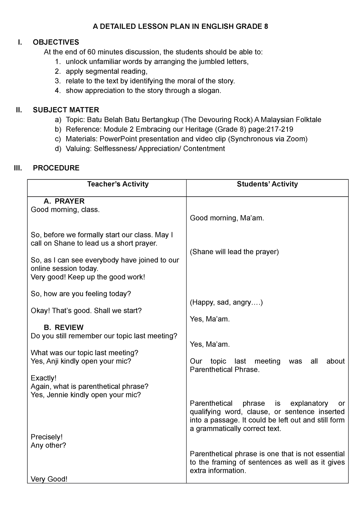 A Detailed Lesson PLAN IN English Grade 8 - Sample - A DETAILED LESSON ...