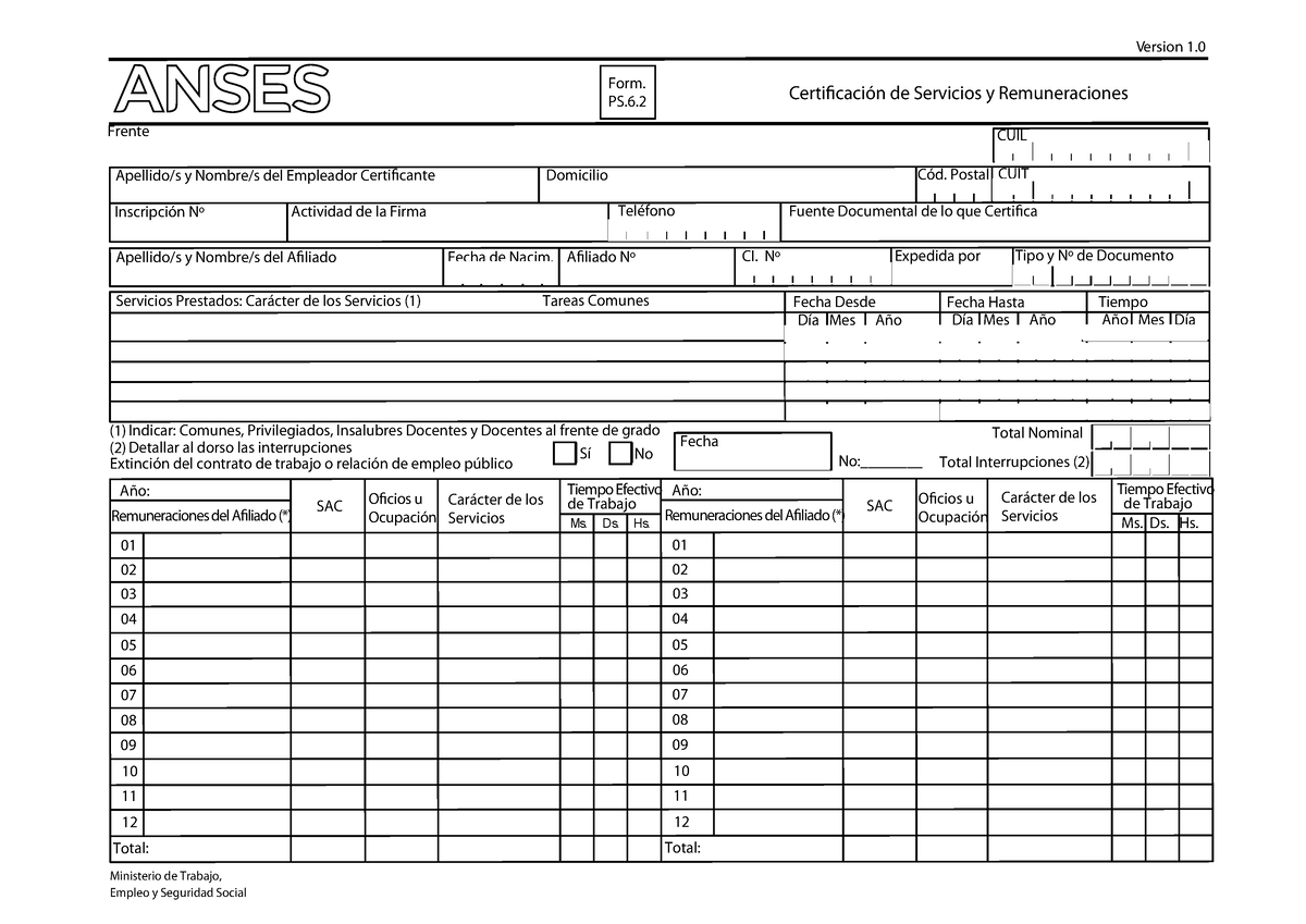 Anses Ps62 Cert Servicios Y Remuneraciones Form Ps Frente Cuil Apellidos Y Nombres Del 4216