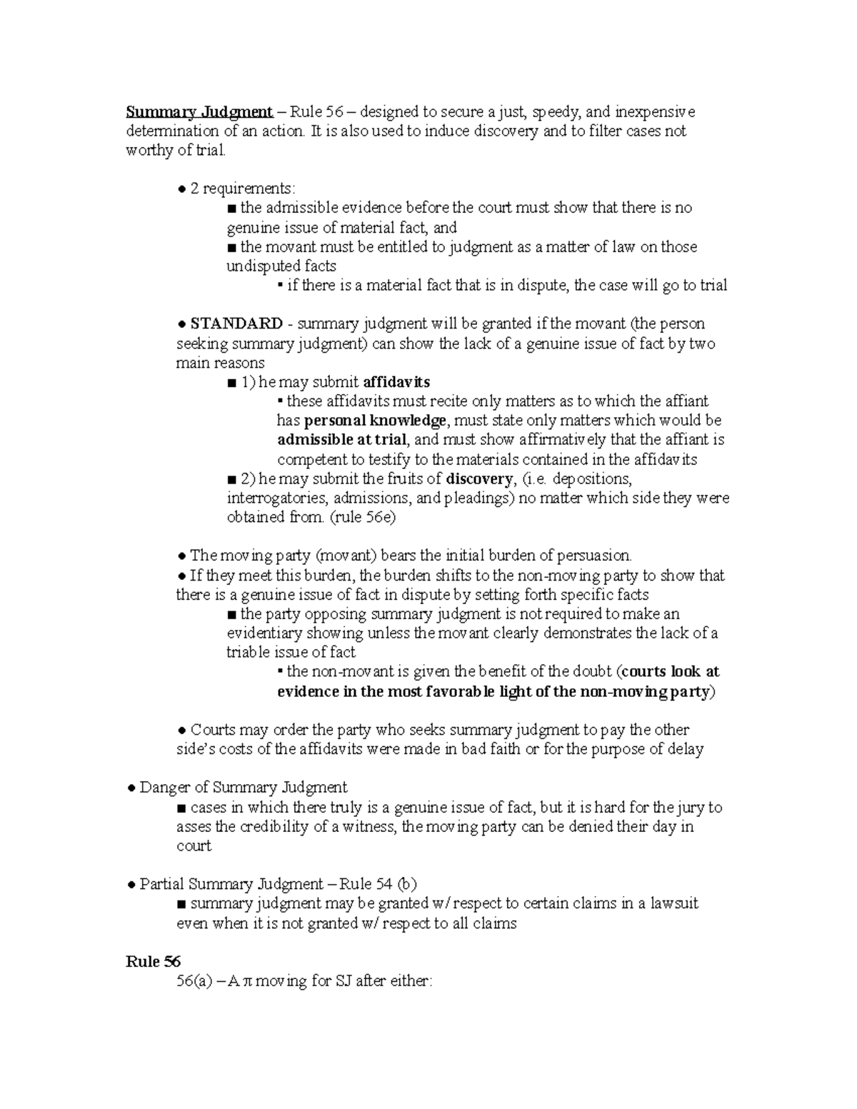 Civ Pro II Part 2 - Lecture Notes 1-16 - Summary Judgment – Rule 56 ...