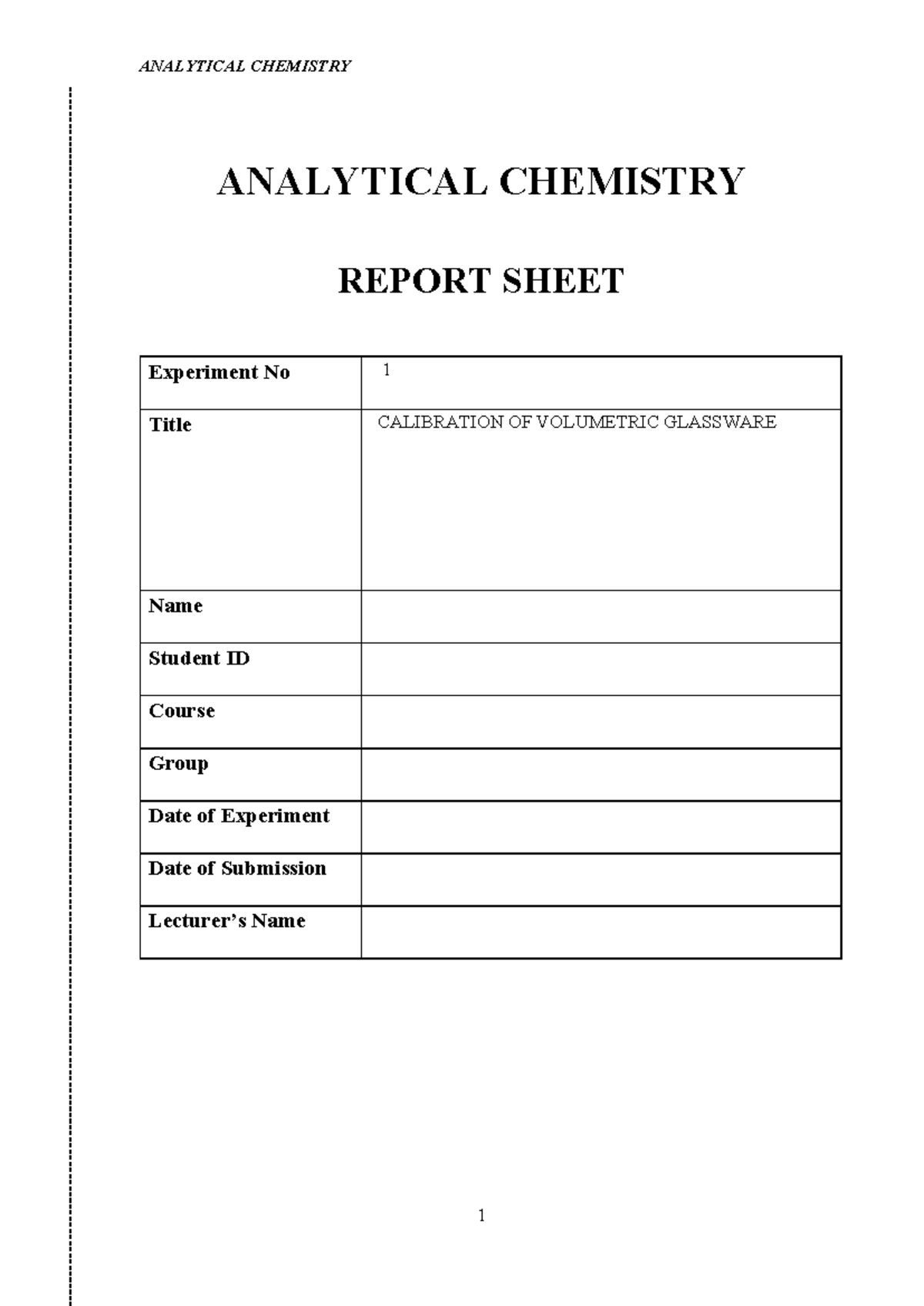 Experiment 1 ( Calibration OF Volumetric Glassware) ANALYTICAL
