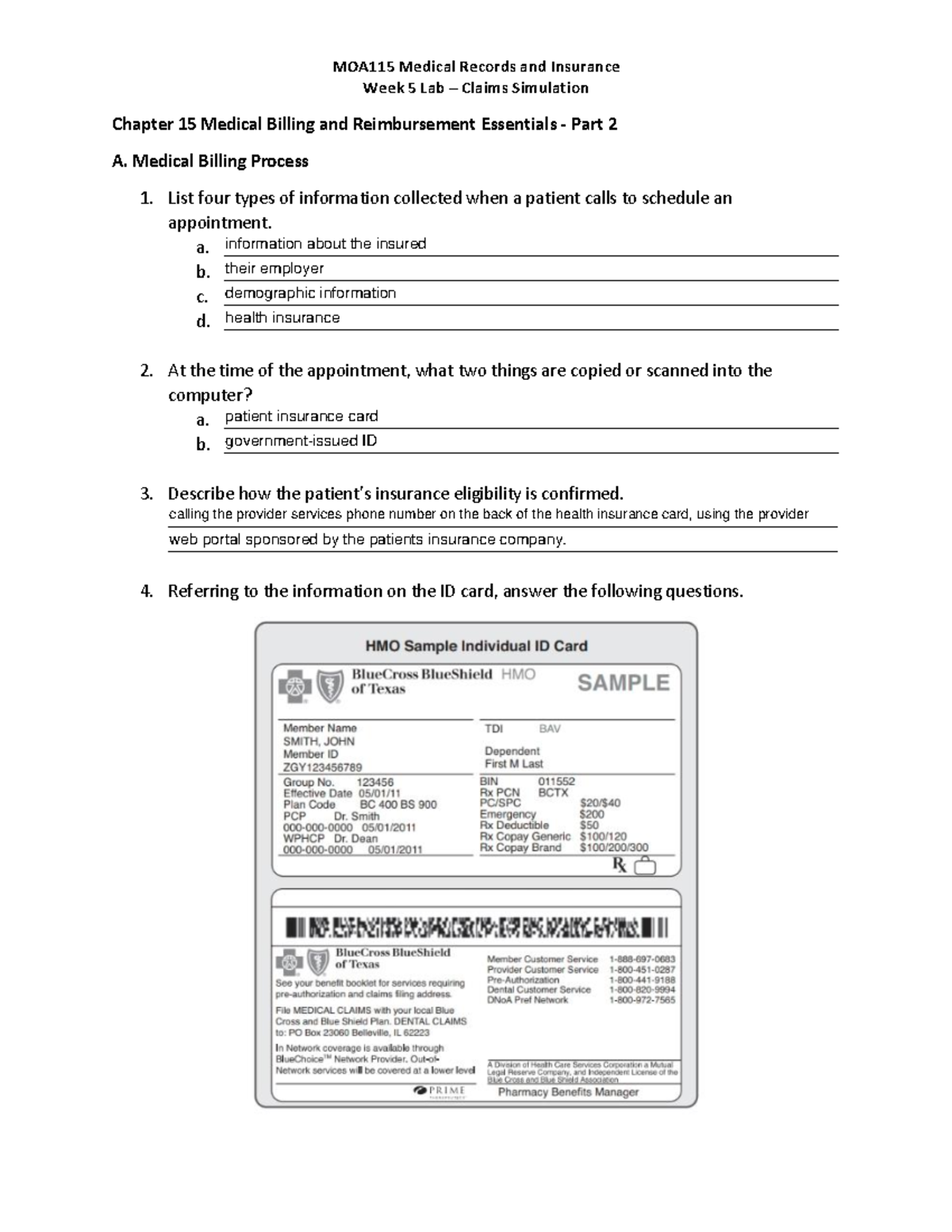 Week 5 Online Lab MEDICAL INSURANCE Week 5 Lab Claims Simulation
