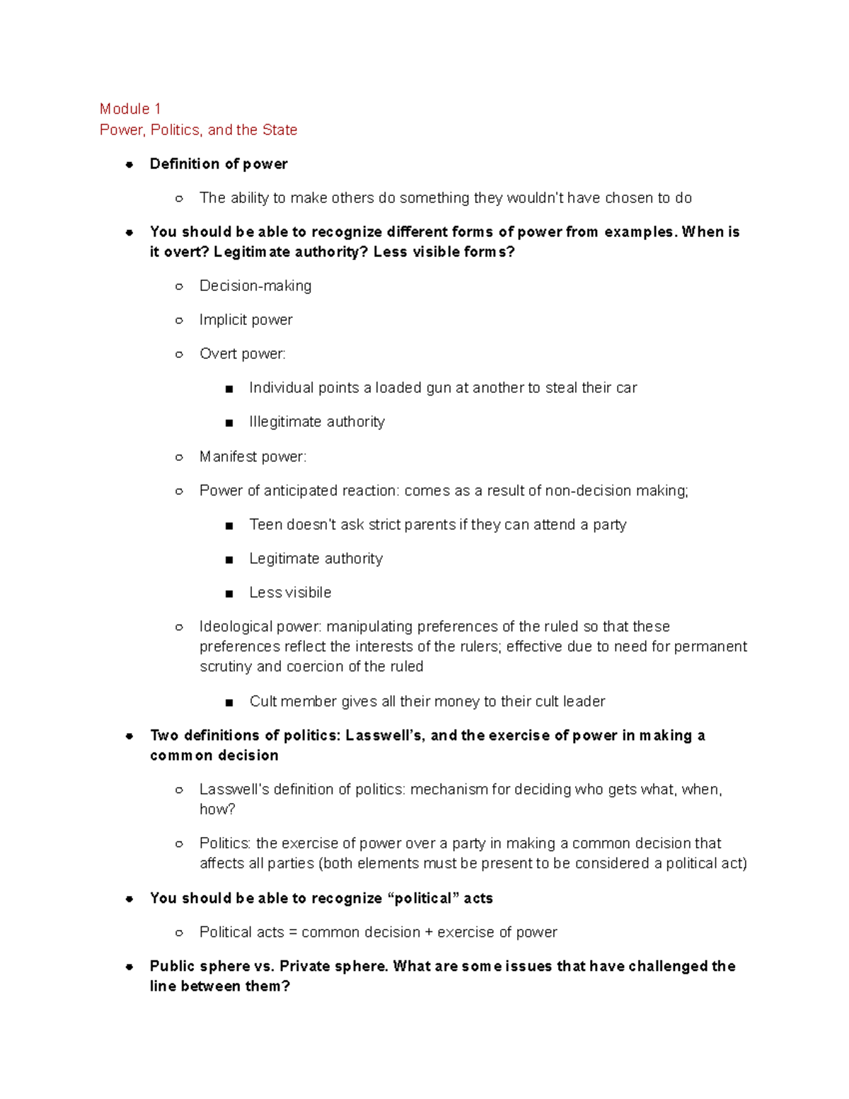 POL S 101 Midterm Review - Module 1 Power, Politics, and the State ...