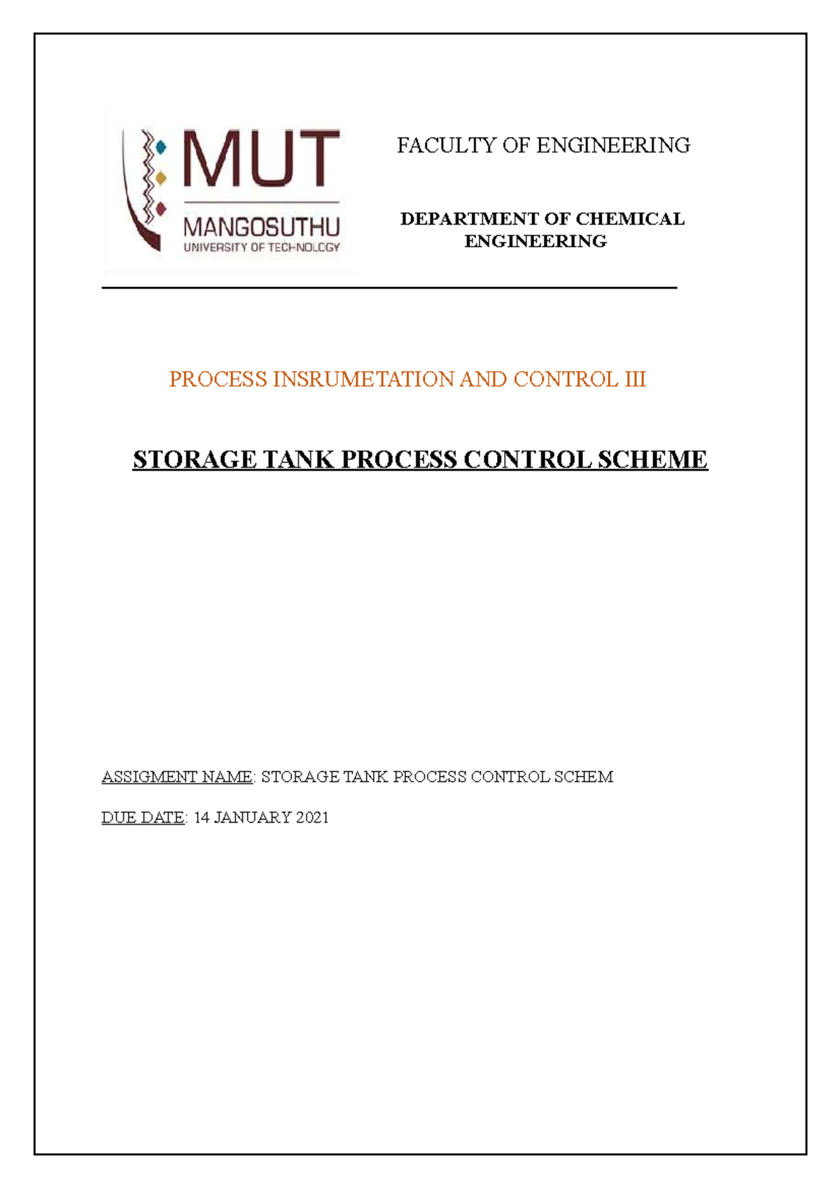 Storage tank process scheme - PROCESS INSRUMETATION AND CONTROL III ...
