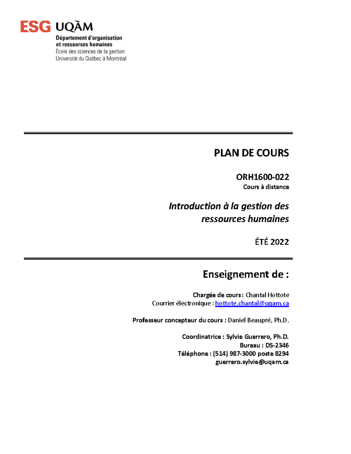 ORH1600-22 Ete 2022 - PLAN DE COURS - PLAN DE COURS ORH1600- 022 Cours ...