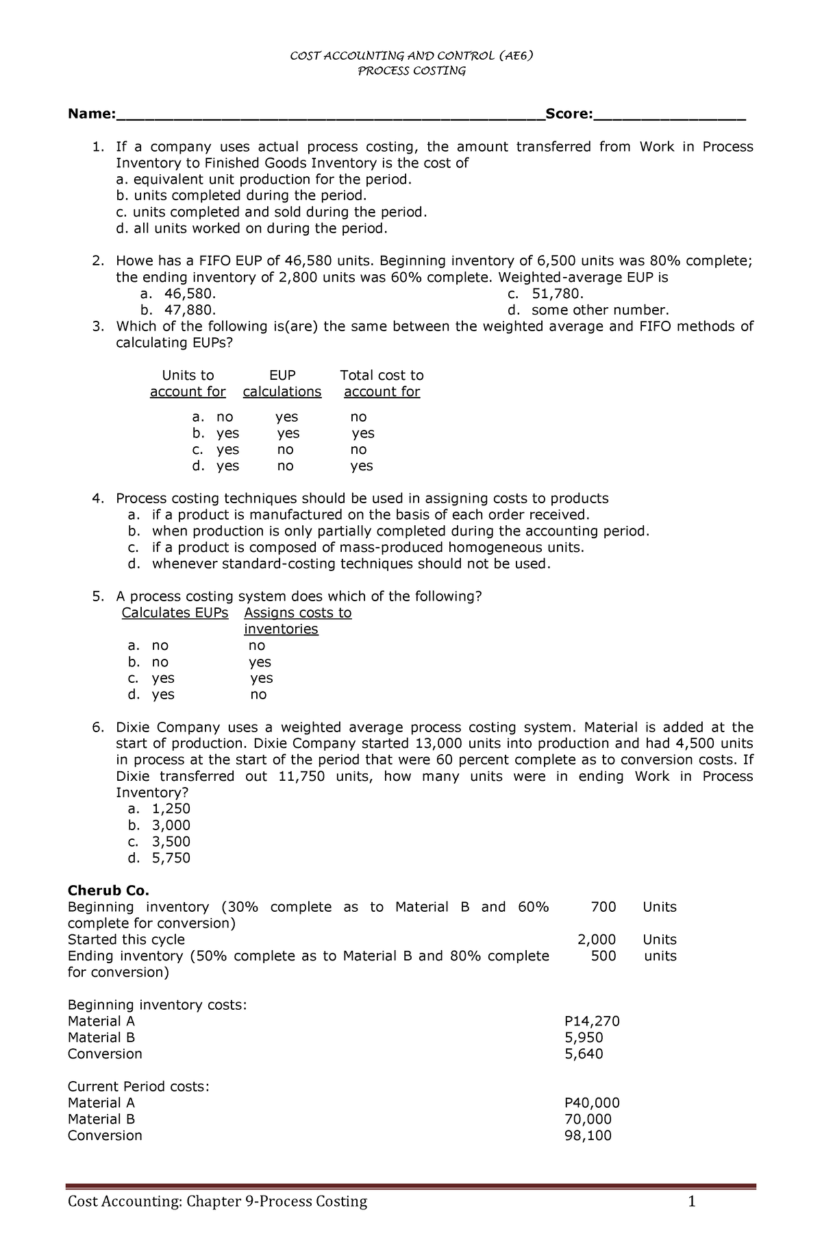 Quiz Assignment Process Costing - Cost Accounting And Control (ae6 