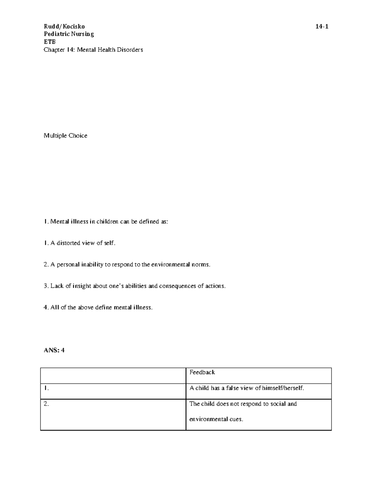 Ch14 peds - TEST BANK - Pediatric Nursing ETB Chapter 14: Mental Health ...