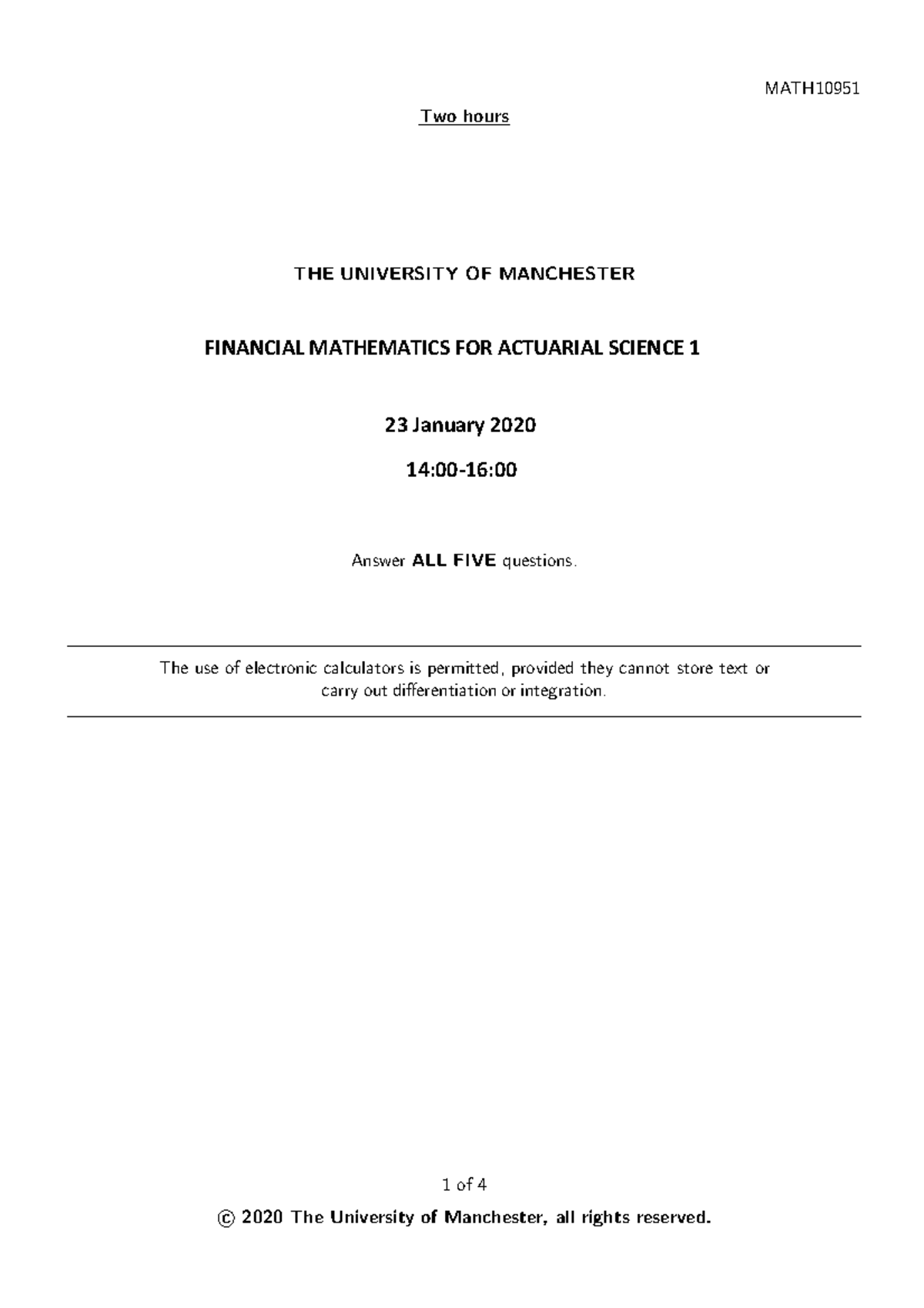 MATH10951 Jan2020exam Financial Mathematics for Actuarial Science 1 ...
