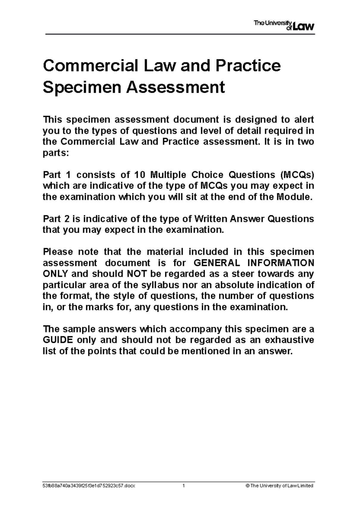 2021 comm ce01 specimen assessment Commercial Law and Practice