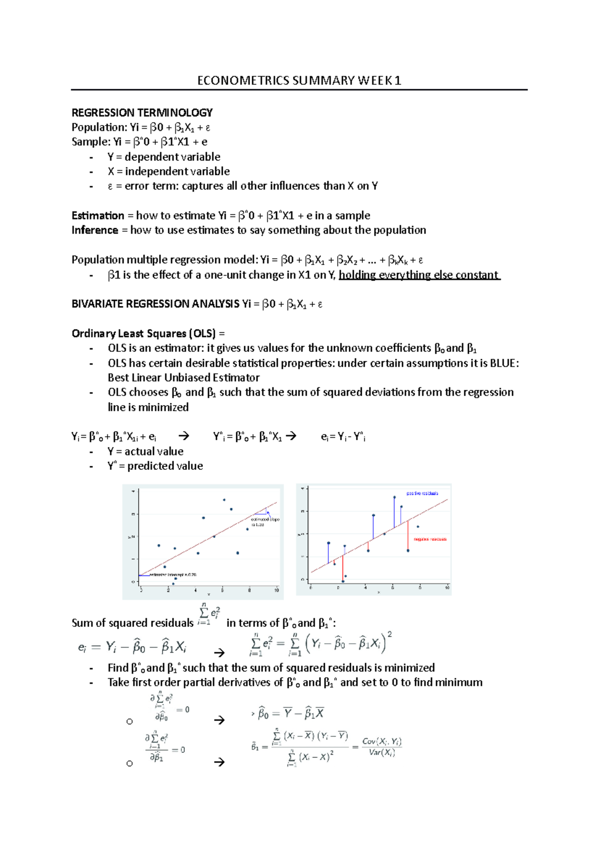 Econometrics summary ECONOMETRICS SUMMARY WEEK 1 REGRESSION