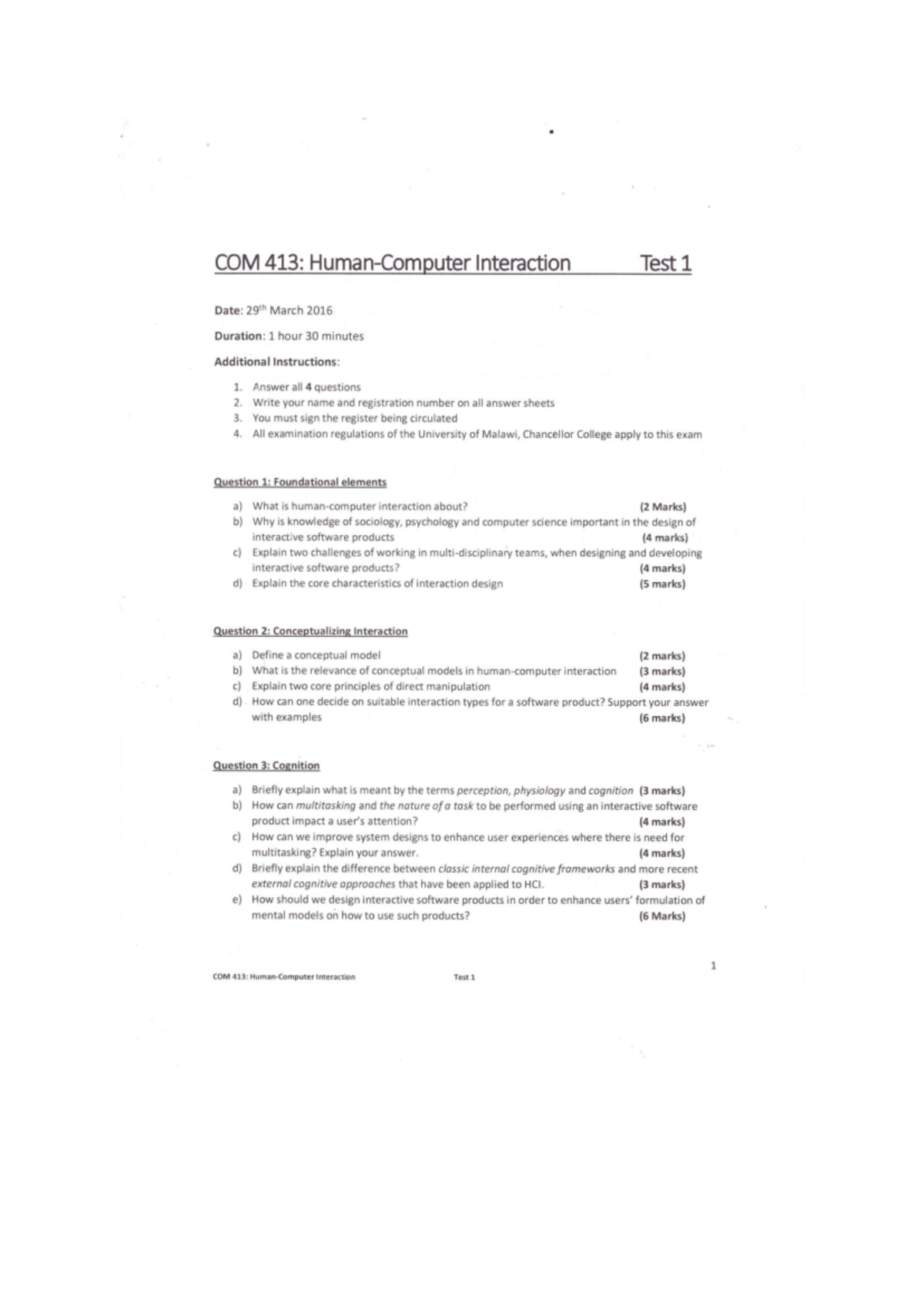 HCI 2016 TEST ONE - hci - COM 413: Interaction Test 1 Date: 29th March ...