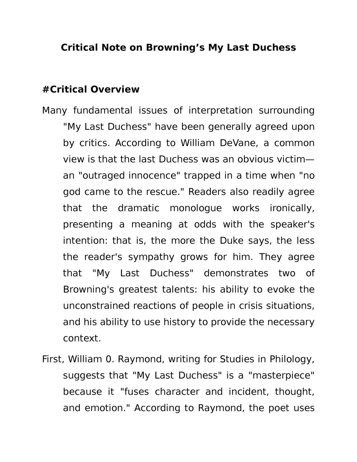 my last duchess critical essay