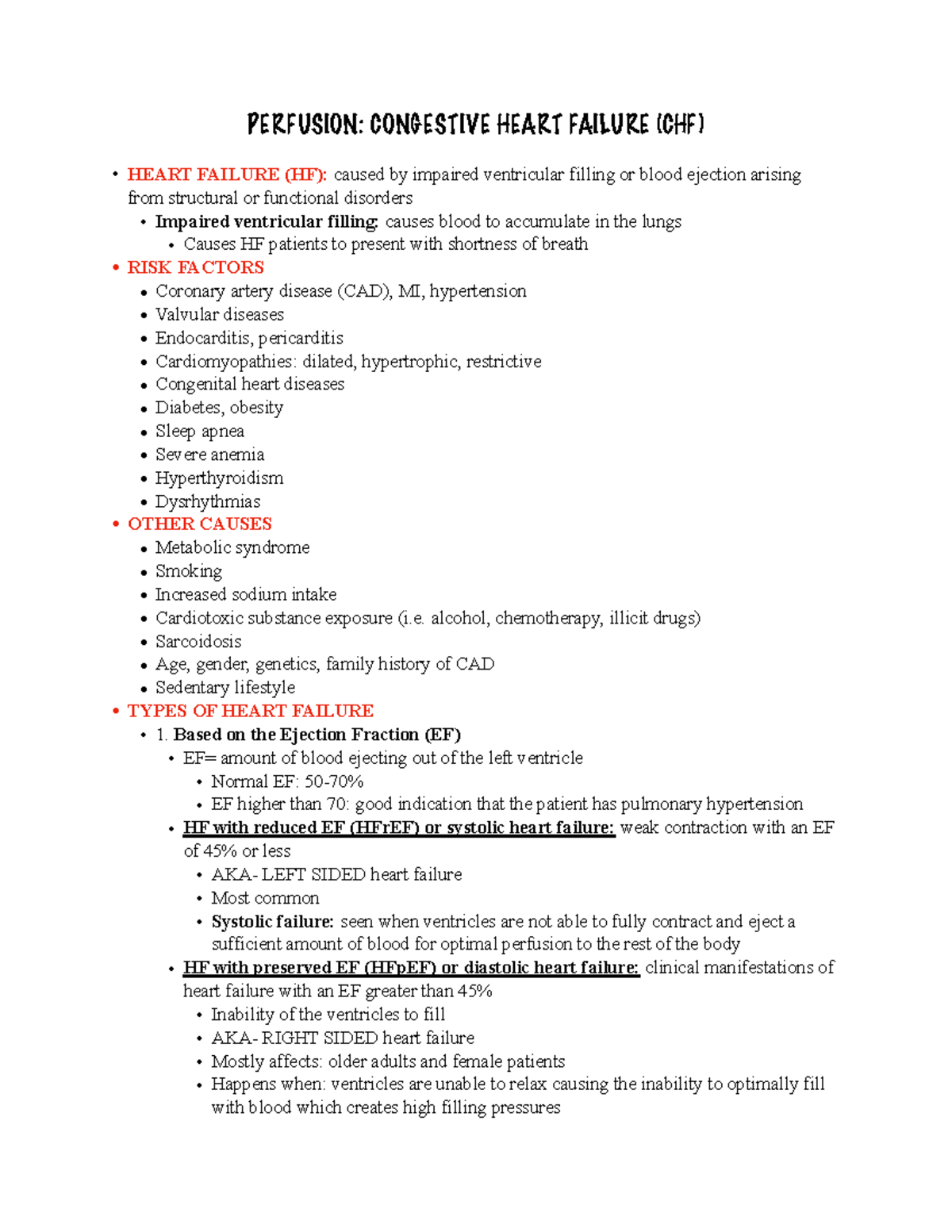 Heart Failure Notes - PERFUSION: CONGESTIVE HEART FAILURE (CHF) HEART ...