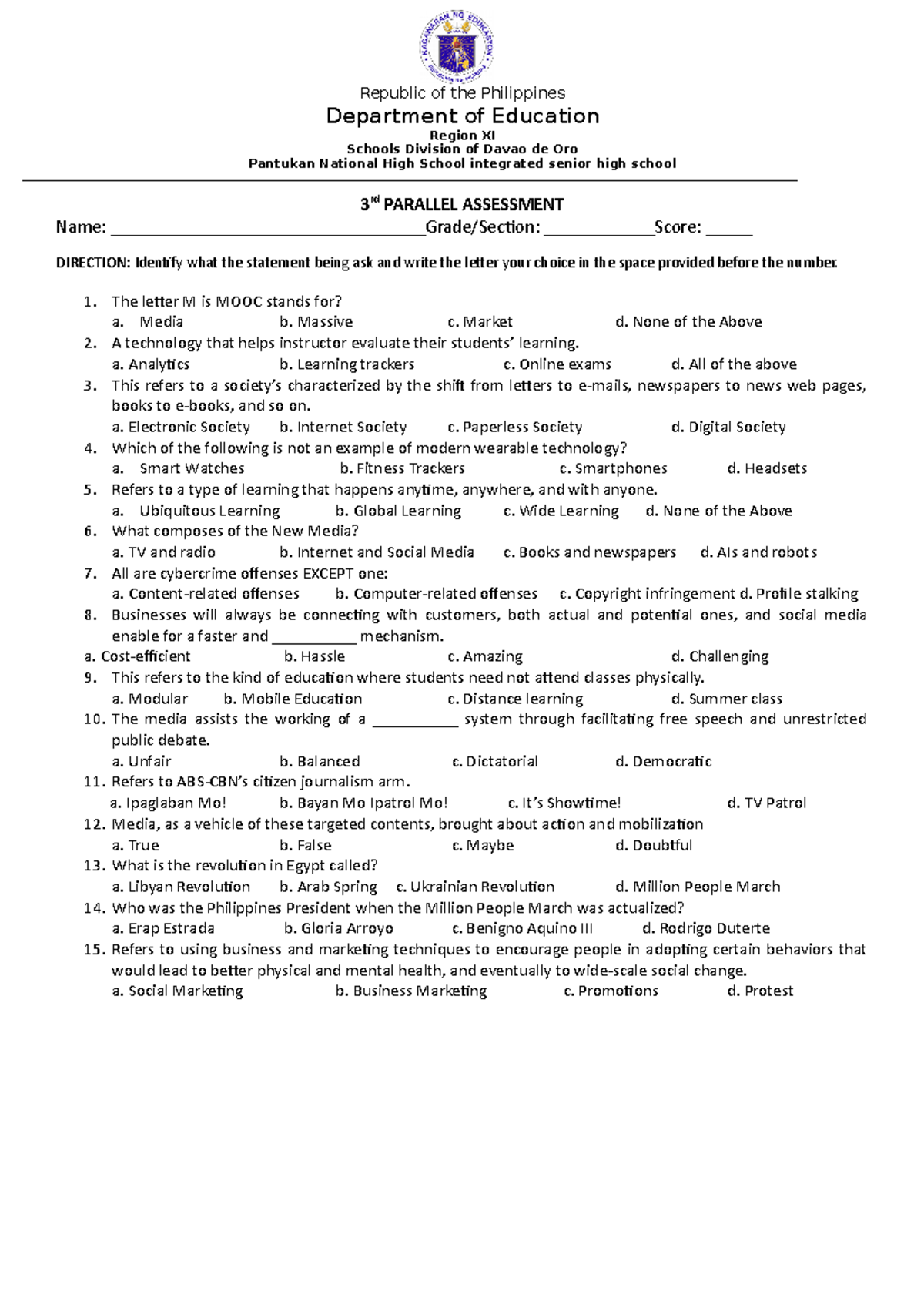 Assessment for 3rd Q - dadada dadada aaaa dasdada dadadad dada ...