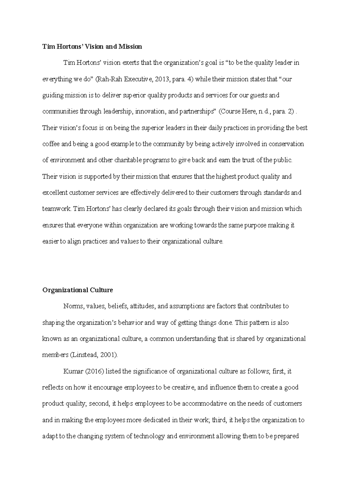 OBHR Tim Hortons - Assignments fo HRMT - Tim Hortons’ Vision and ...