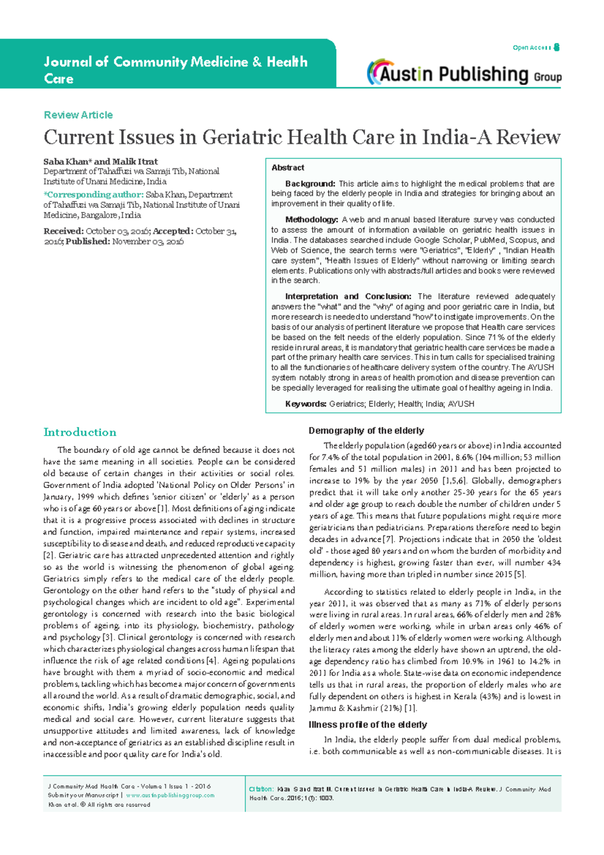 Geriatric care issues - Citation: Khan S and Itrat M. Current Issues in ...
